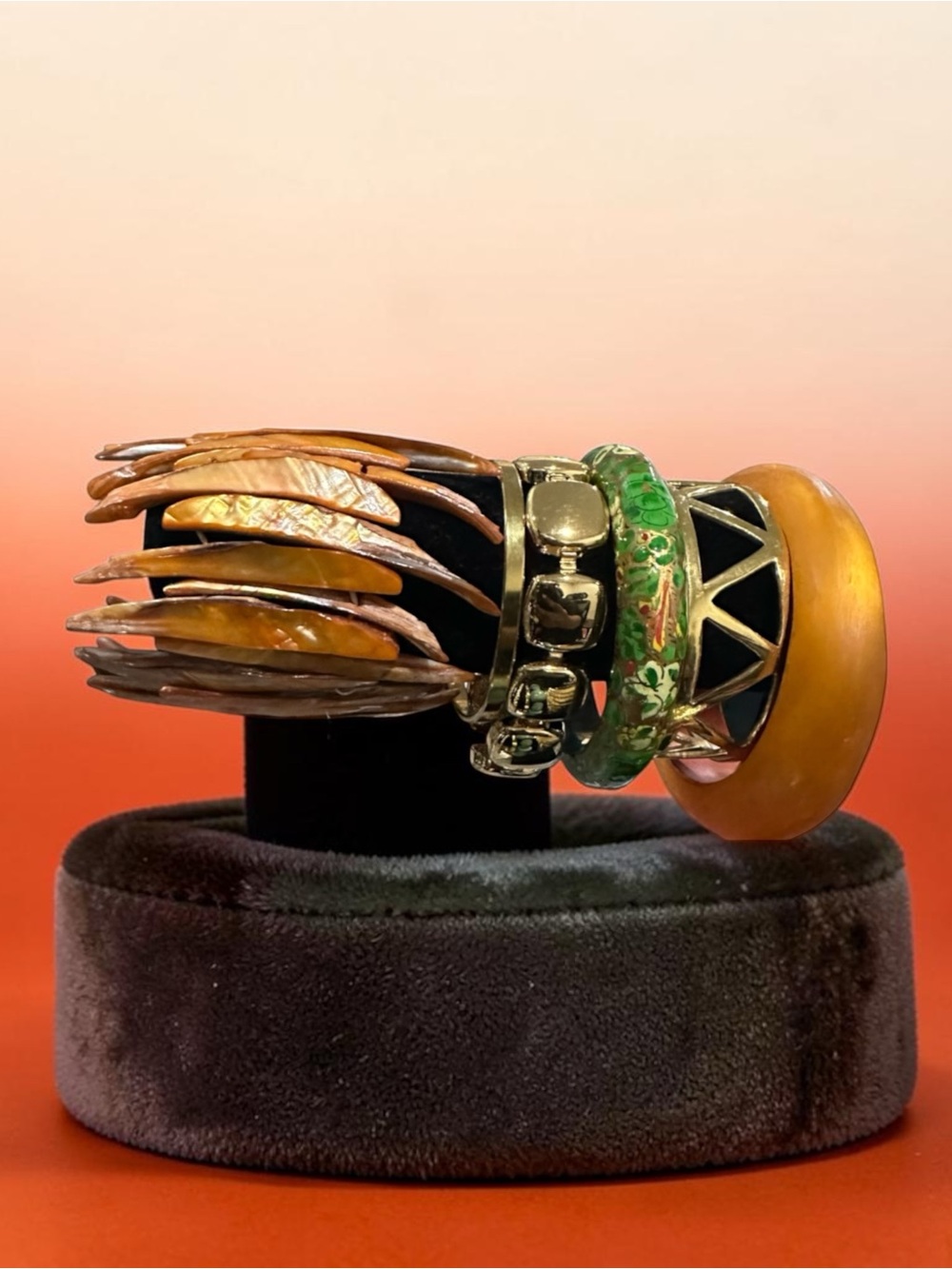 Signature Faith Custom Stacked Bracelet Set - Amber Green Gold Chunky Bangles